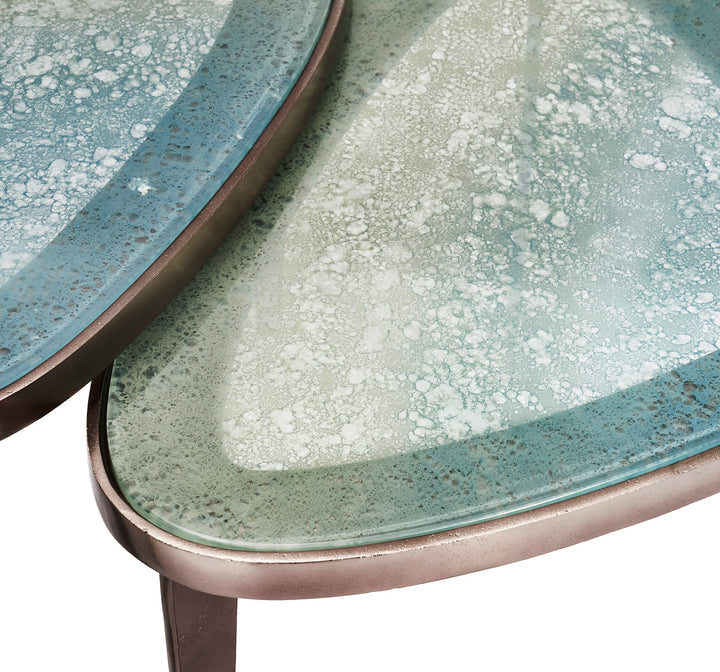 Jan Bunching Cocktail Tables - Antique Nickel - Blue Grey -  Reactive Glass