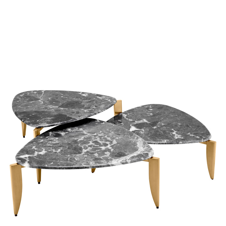 Coffee Table Reggioni - Brushed Brass Finish Grey Marble - Set Of 3