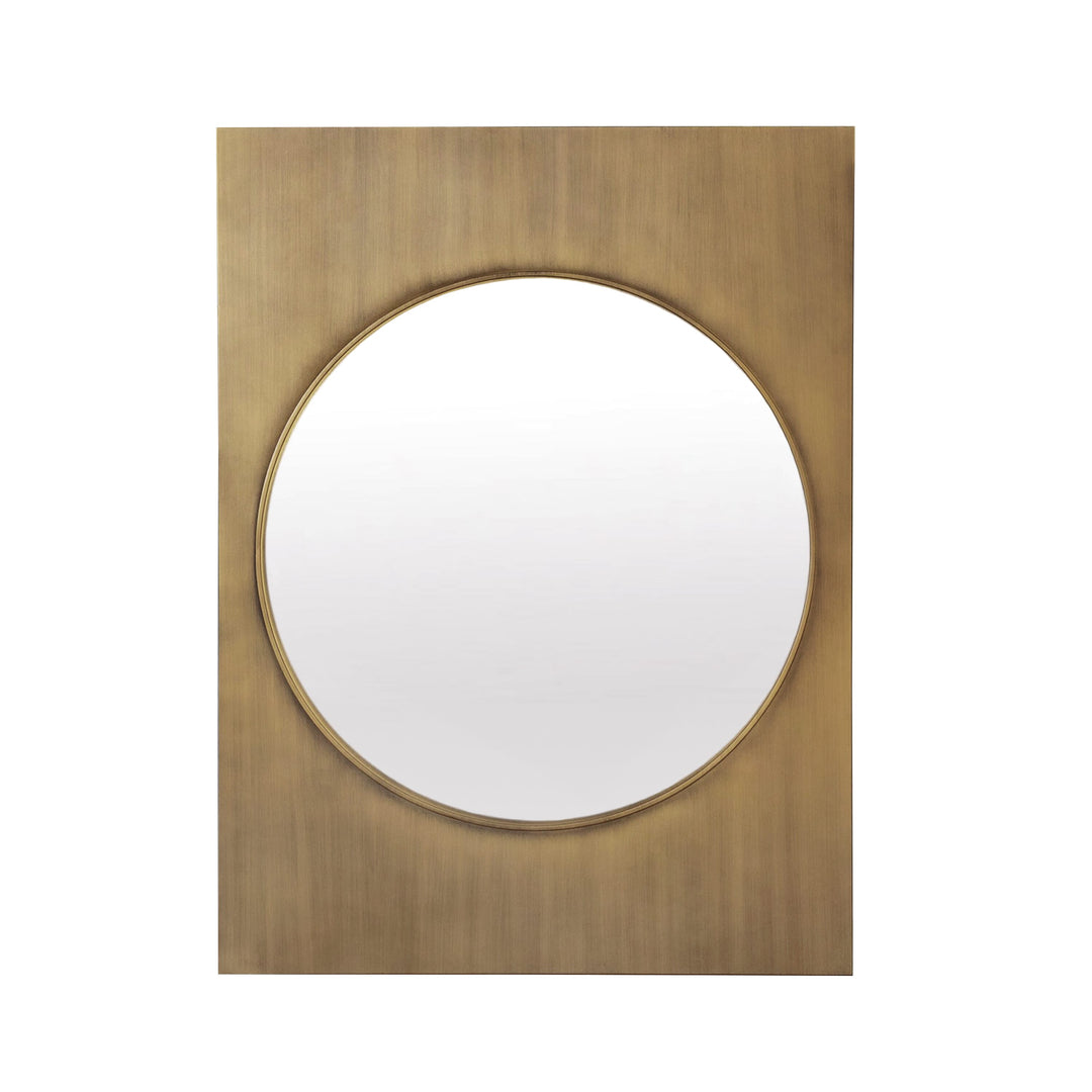 Modern Round Mirror With Rectangle Frame In Antique Brass