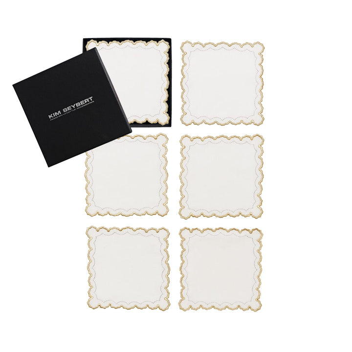 Kim Seybert Arches Cocktail Napkins in White Gold & Silver Set of 6 in Gift Box
