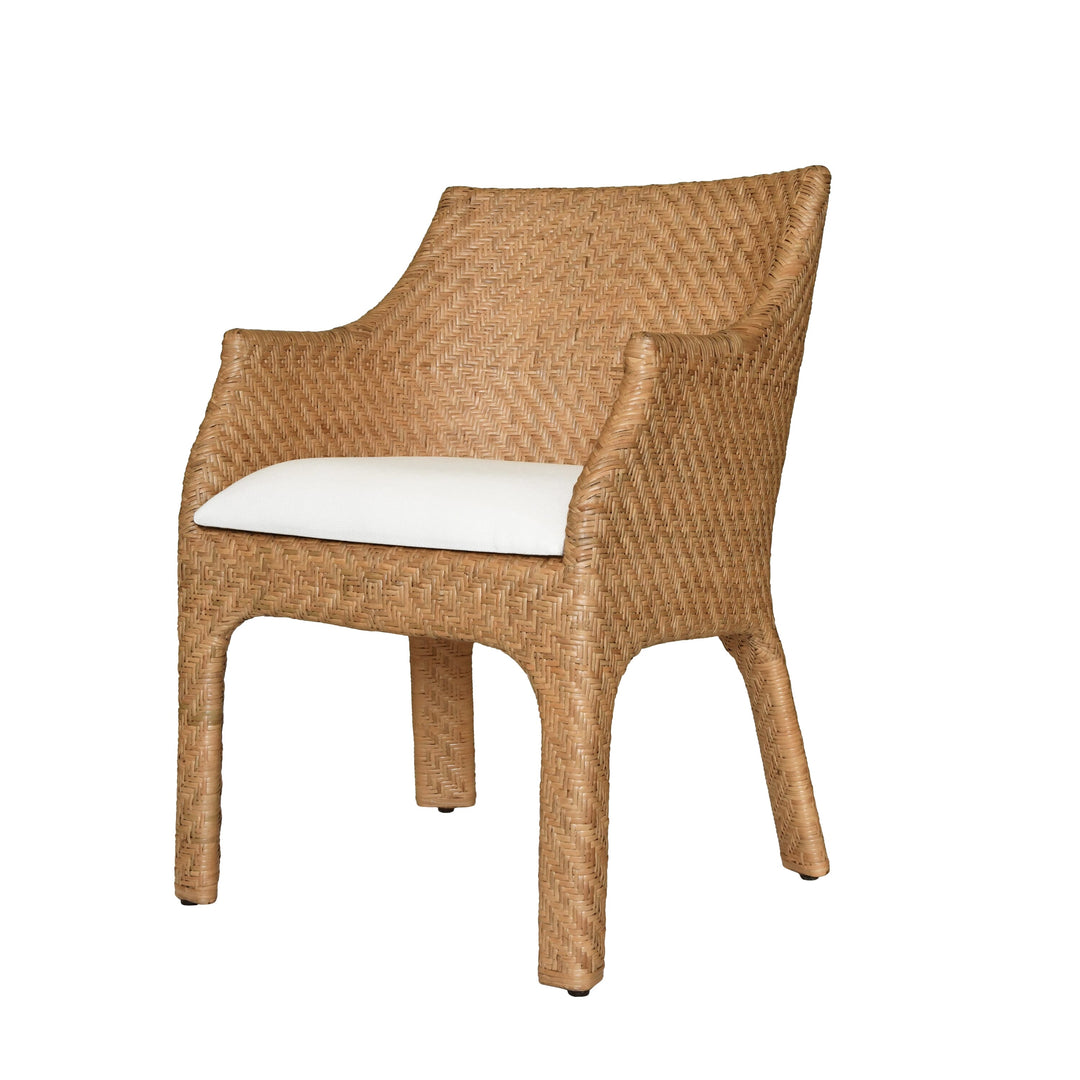 Basketweave Rattan Wrapped Dining Chair With Ivory Linen Cushion