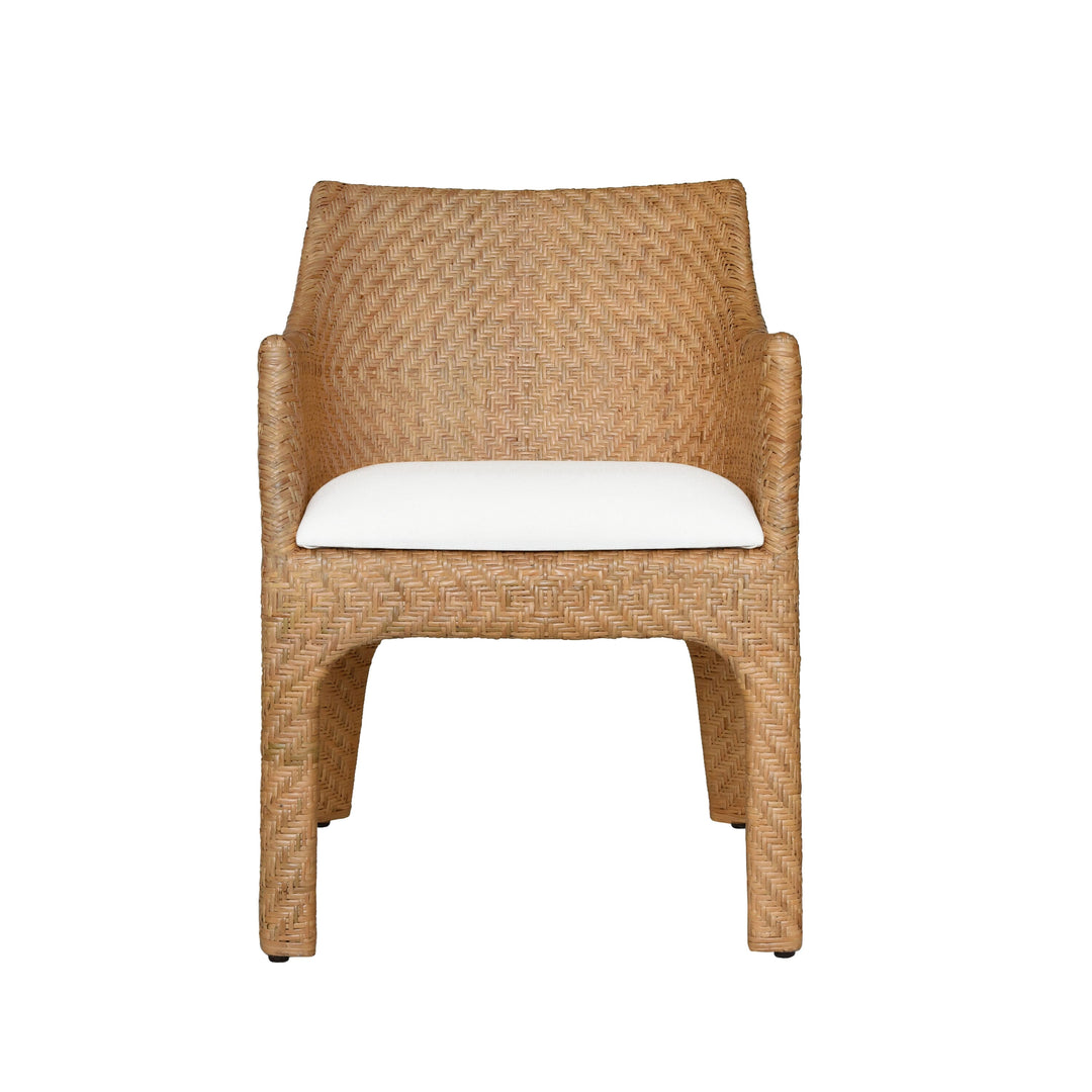 Basketweave Rattan Wrapped Dining Chair With Ivory Linen Cushion