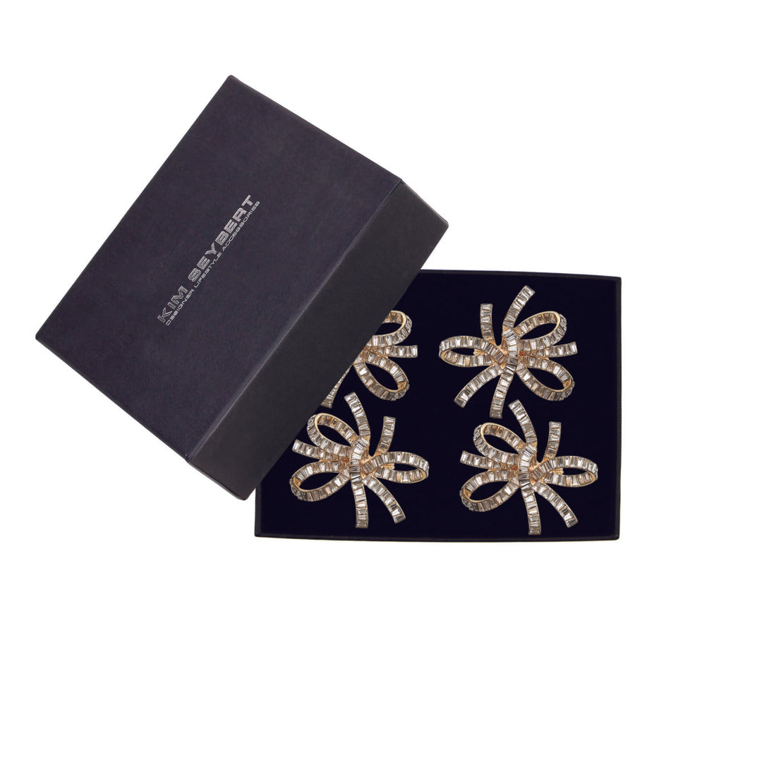 Kim Seybert Jeweled Bow Napkin Ring in Gold & Crystal - Set of 4 in a Gift Box