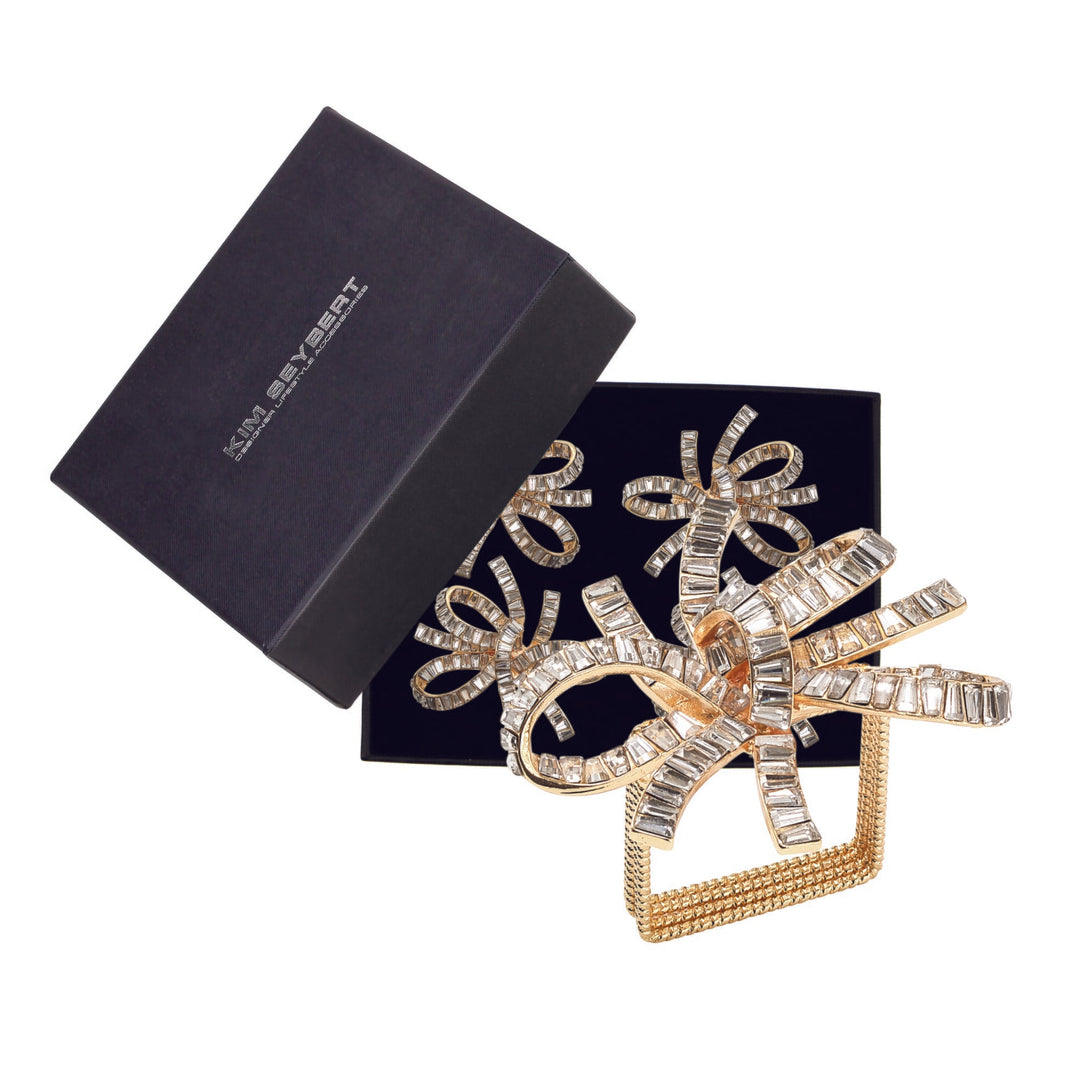 Jeweled Bow Napkin Ring in Gold & Crystal - Set of 4 in a Gift Box