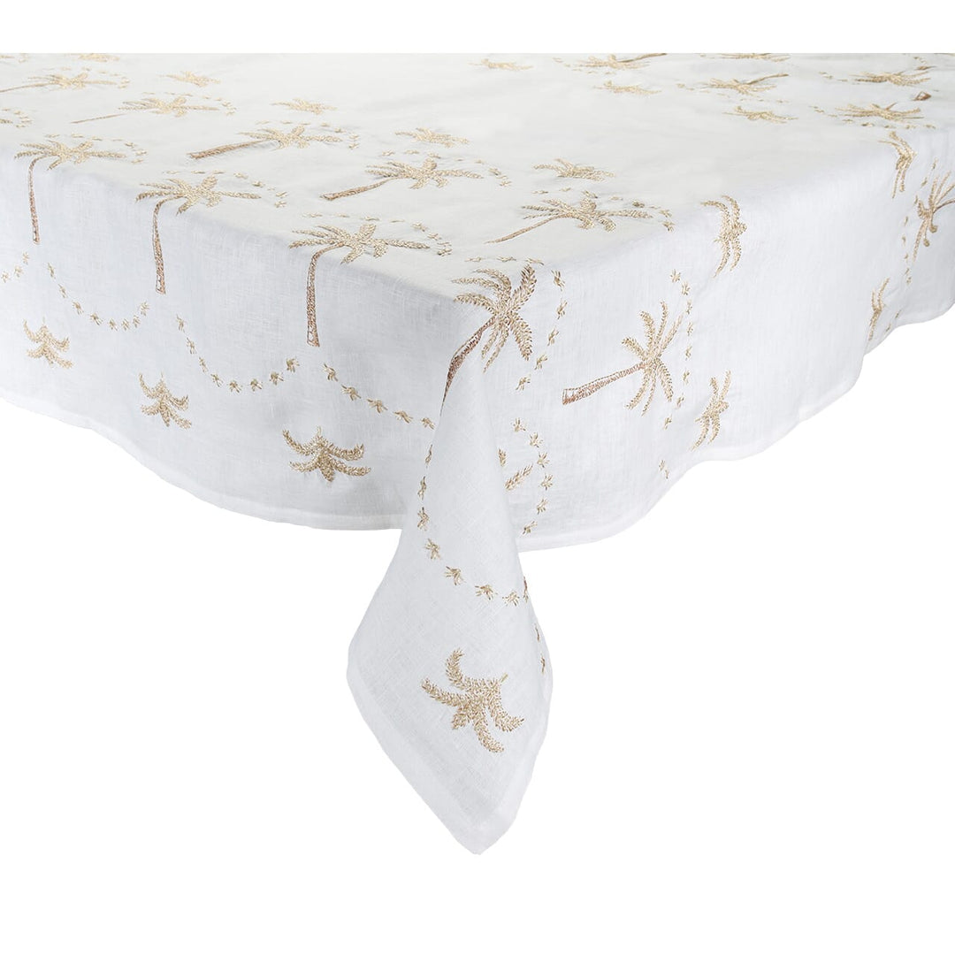 Kim Seybert Embroidered Palm Tablecloth in White Natural & Gold