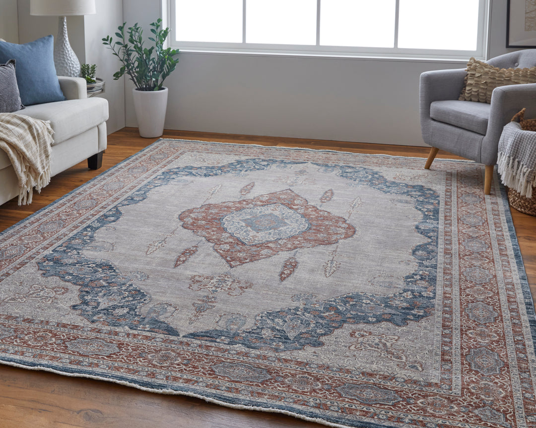 Marquette Transitional Medallion in Gray/Red/Blue Area Rug - Available in 5 Sizes