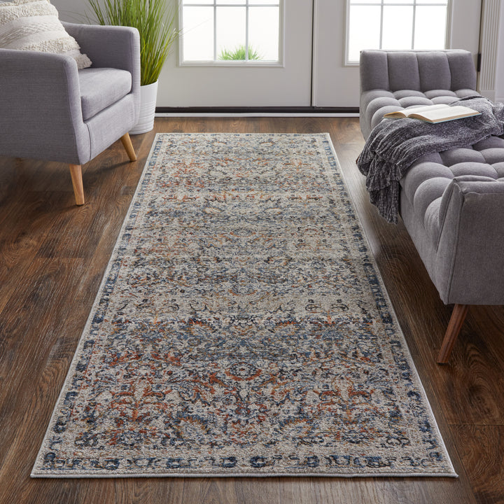 Kaia Transitional Damask in Tan/Blue/Orange Runner Available in 6 Sizes