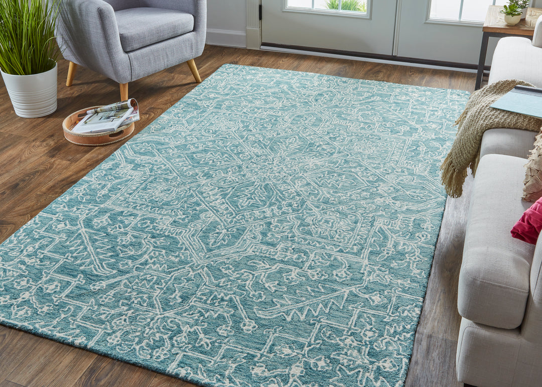 Belfort Transitional Medallion in Blue/Ivory/Green Area Rug - Available in 5 Sizes