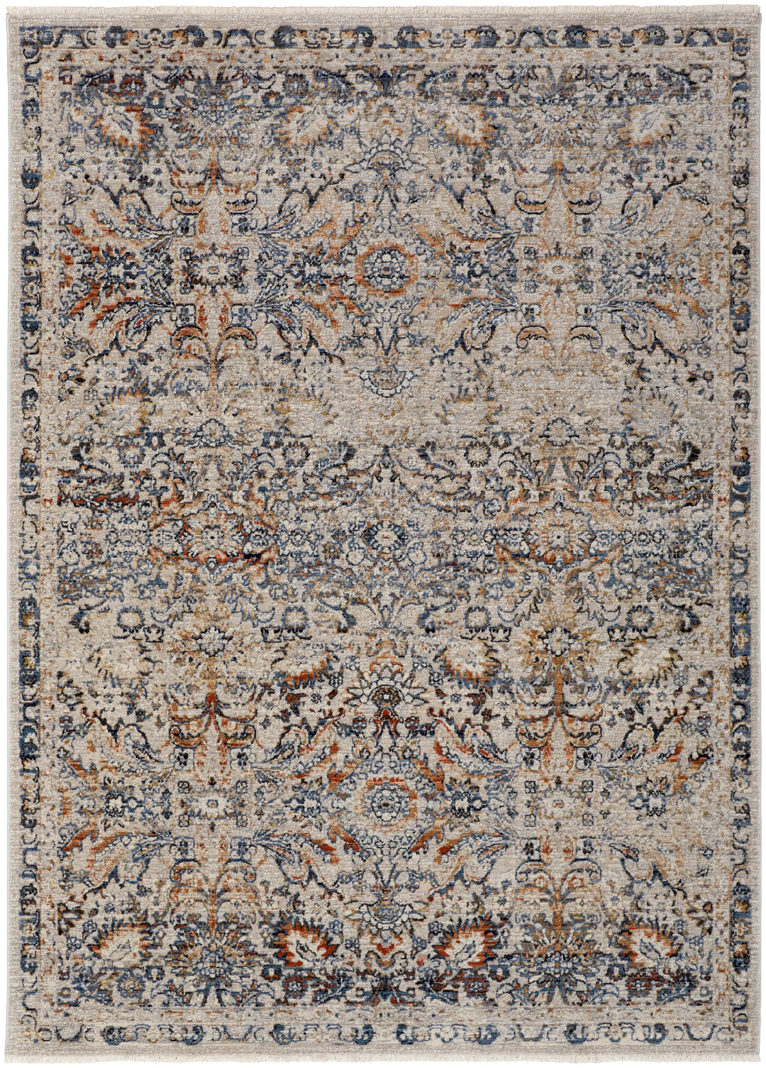 Kaia Transitional Damask in Tan/Blue/Orange Area Rug - Available in 4 Sizes