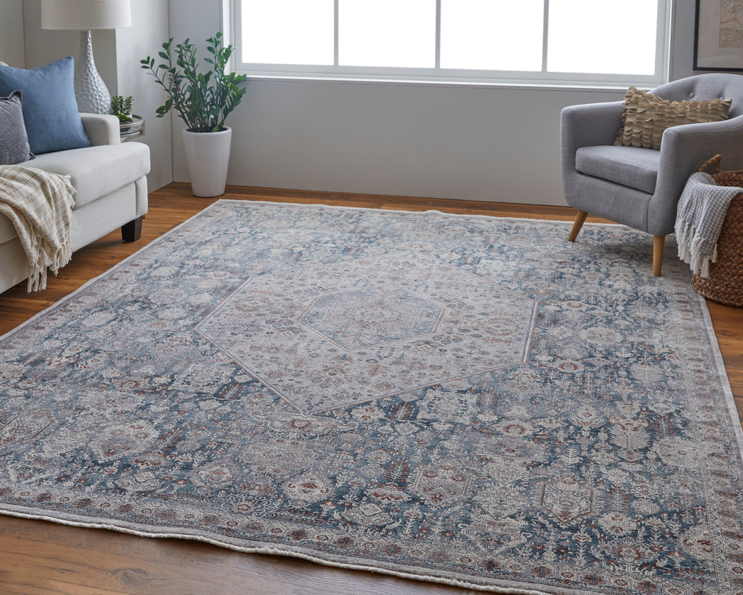 Marquette Transitional Medallion in Blue/Ivory Area Rug - Available in 5 Sizes