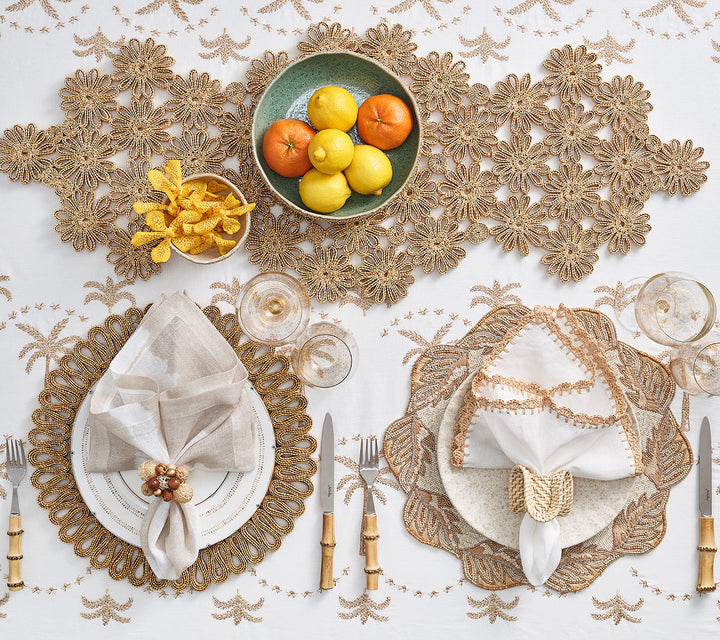 Kim Seybert Embroidered Palm Tablecloth in White Natural & Gold