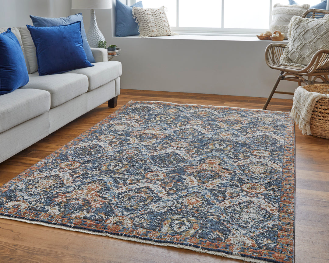 Kaia Transitional Floral & Botanical in Blue/Orange/Ivory Area Rug - Available in 4 Sizes