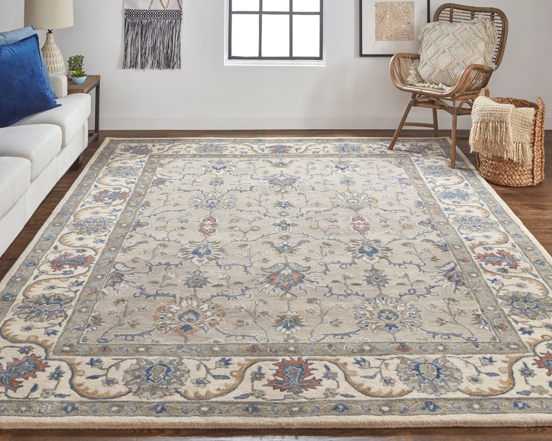 Rylan Transitional Oriental in Taupe/Ivory/Blue Area Rug - Available in 4 Sizes