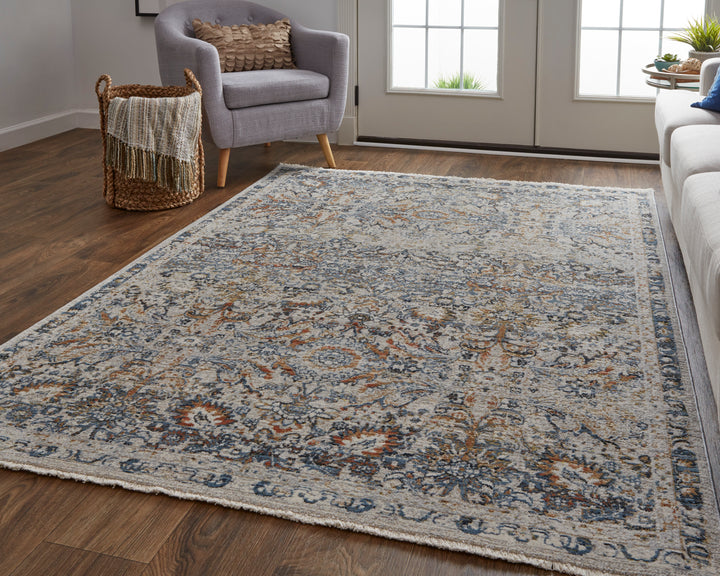 Kaia Transitional Damask in Tan/Blue/Orange Area Rug - Available in 4 Sizes