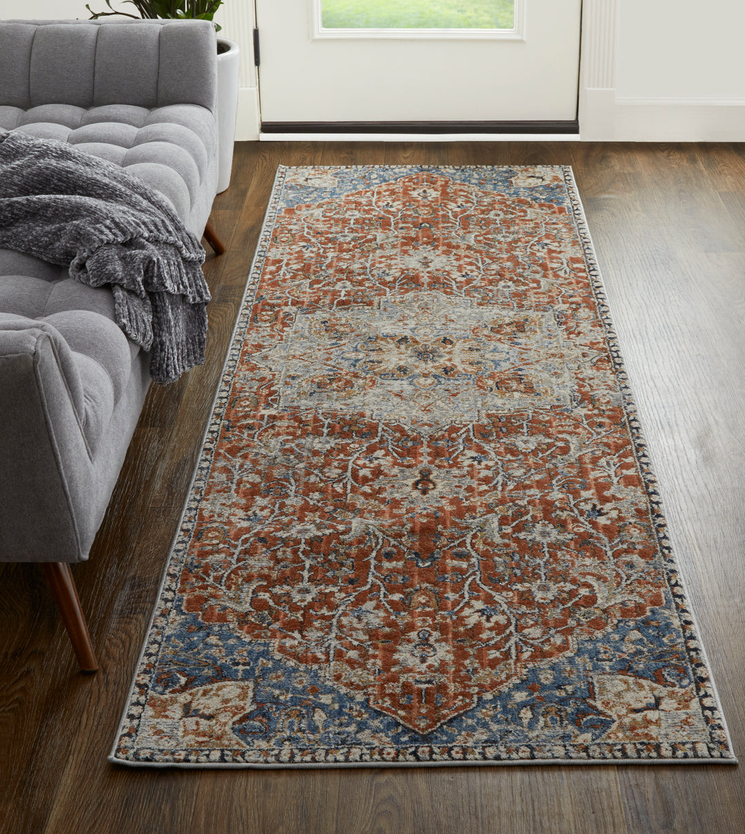 Kaia Transitional Medallion in Orange/Ivory/Blue Runner Available in 6 Sizes