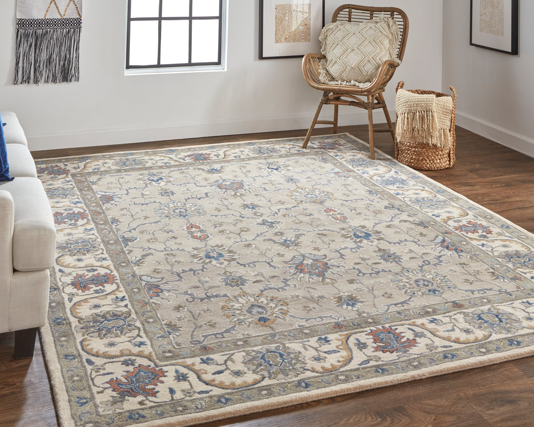 Rylan Transitional Oriental in Taupe/Ivory/Blue Area Rug - Available in 4 Sizes