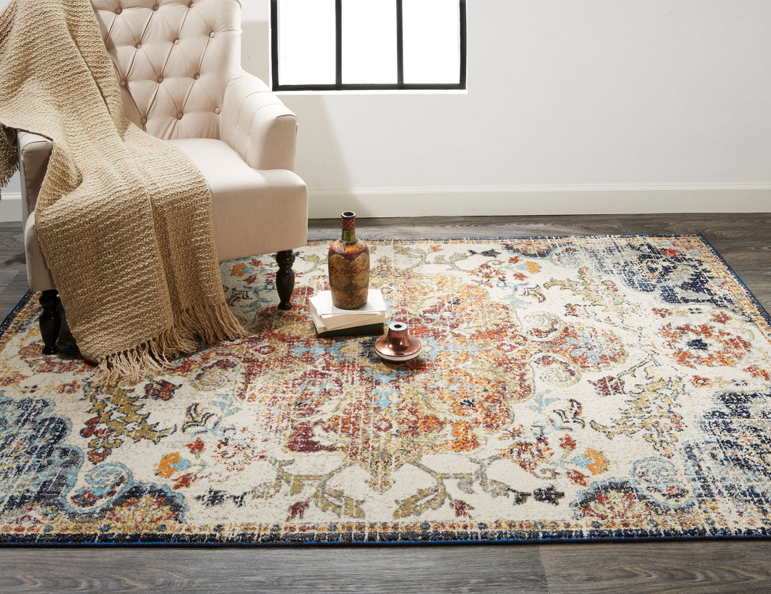 Bellini Transitional Medallion in Ivory/Gold/Blue Area Rug - Available in 8 Sizes