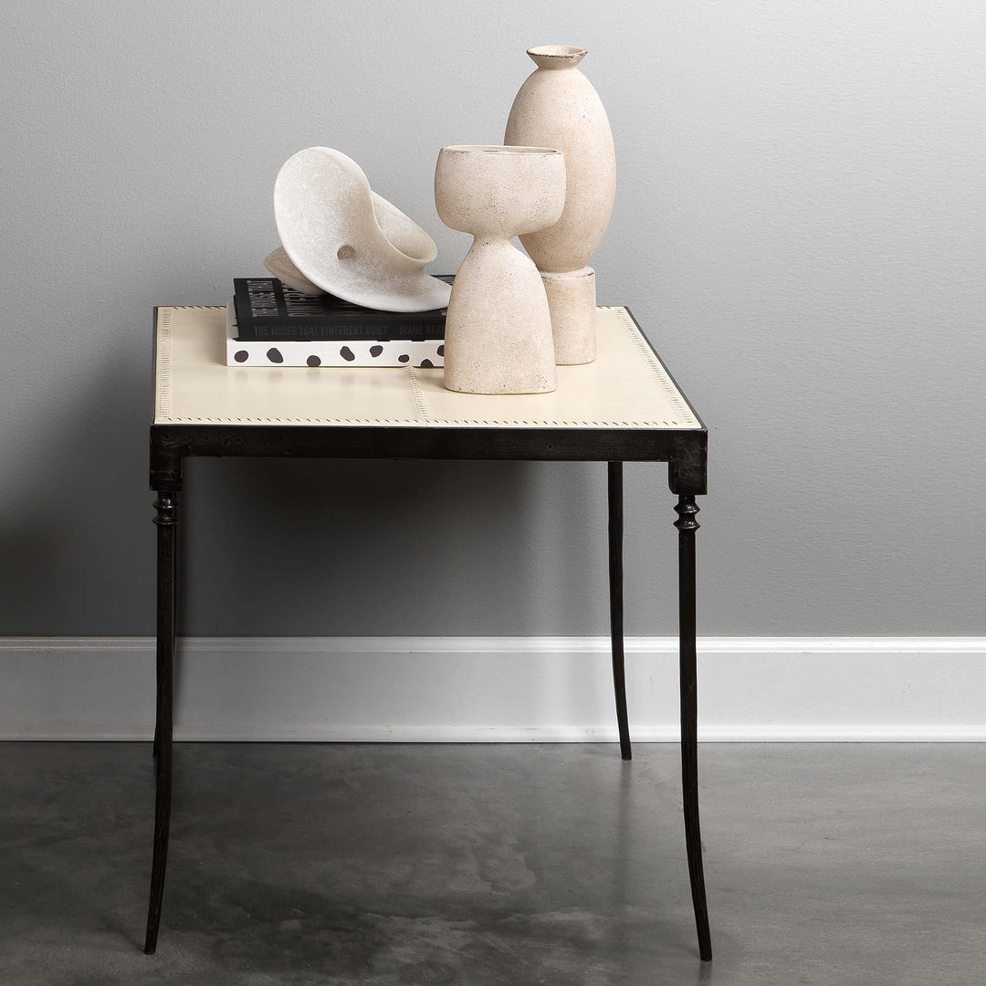 Jamie Young Nevado Side Table Off White Leather & Black Forged Iron