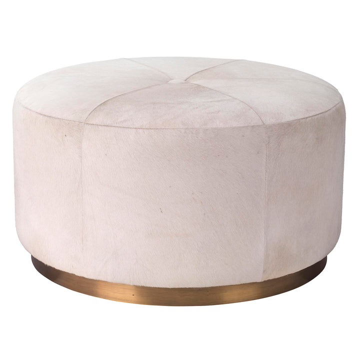 Jamie Young Thackeray Round Pouf - White Hide & Antique Brass Metal - Available in 2 Sizes