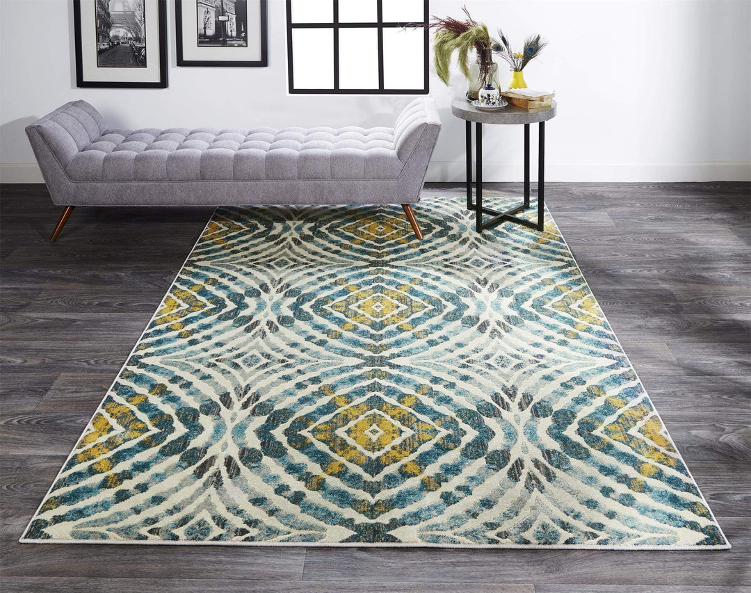 Feizy Feizy Keats Abstract Ikat Print Rug - Available in 8 Sizes - Teal Blue & Golden
