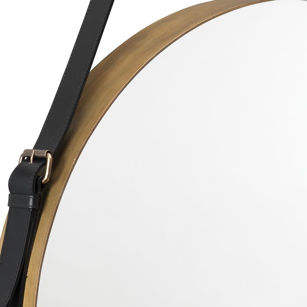 Jamie Young Jamie Young Large Round Mirror in Antique Brass and Black Leather Strap 7ROUN-LGAB
