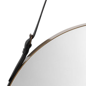 Jamie Young Jamie Young Large Round Mirror in Antique Brass and Black Leather Strap 7ROUN-LGAB