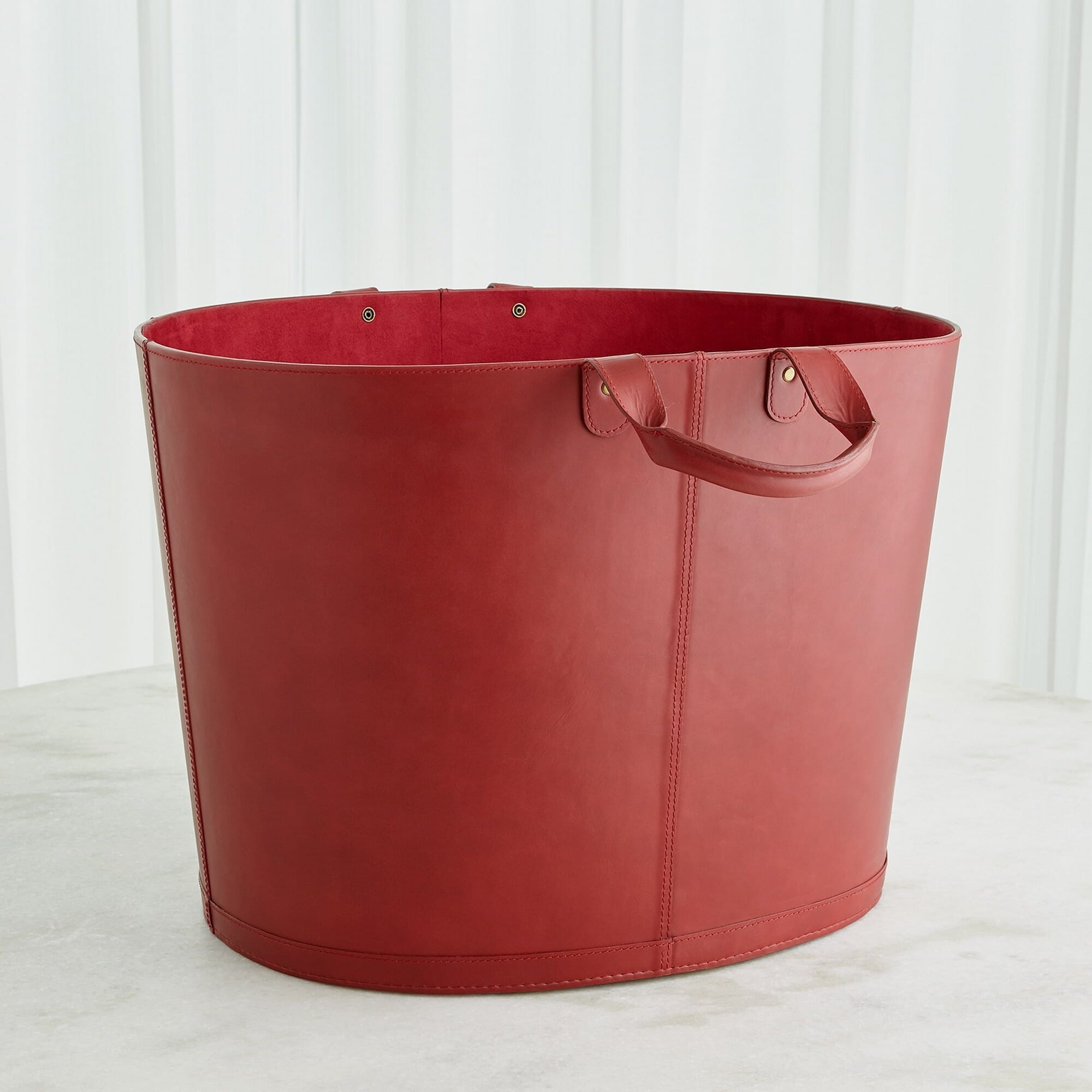 Global Views Oversized Oval Leather Basket - Deep Red - Alchemy Fine Home