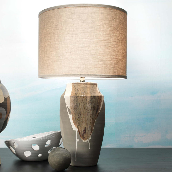 Jamie Young Landslide Table Lamp - Matte Grey With Beige & White Drip Linen