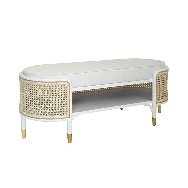 Worlds Away Worlds Away Beale Oval Bench with White Linen Cushion - Matte White Lacquer BEALE WH