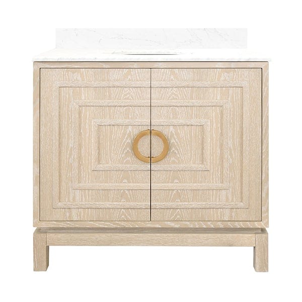 Worlds Away Worlds Away Bixby Bath Vanity with Antique Brass Circle Hardware, White Marble Top & Porcelain Sink - Cerused Oak BIXBY CO
