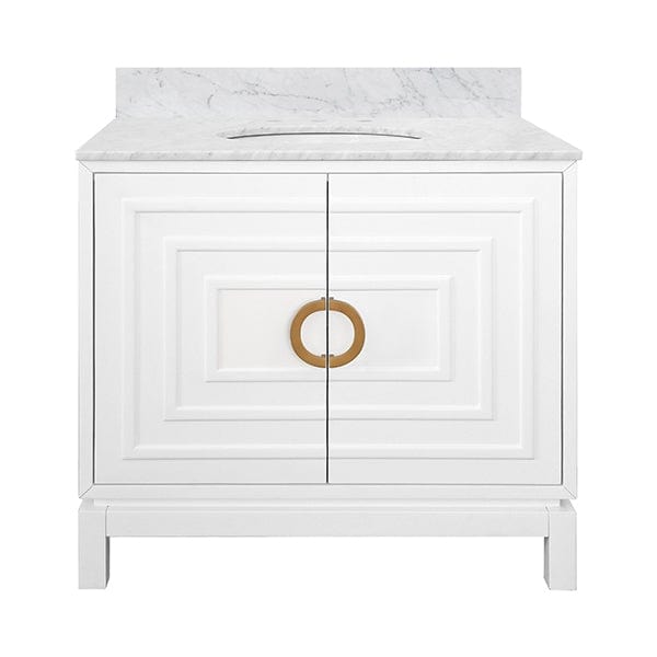 Worlds Away Worlds Away Bixby Bath Vanity with Antique Brass Circle Hardware, White Marble Top & Porcelain Sink - Matte White Lacquer BIXBY WH