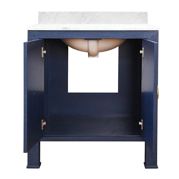 Worlds Away Worlds Away Blanche Bath Vanity with Antique Brass Hardware, White Marble Top & Porcelain Sink - Lacquered Navy Linen & Antique Brass BLANCHE NVY