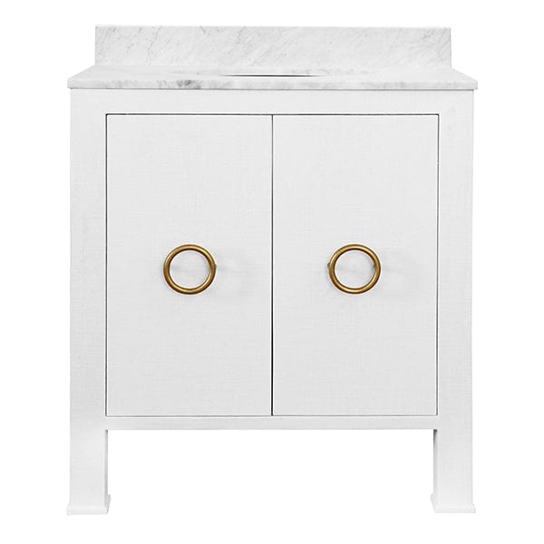 Worlds Away Worlds Away Blanche Bath Vanity with Antique Brass Hardware, White Marble Top & Porcelain Sink - Lacquered White Linen & Antique Brass BLANCHE WH