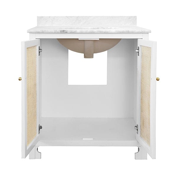 Worlds Away Worlds Away Boyd Bath Vanity with Cane Front Doors, White Marble Top & Porcelain Sink - Matte White Lacquer BOYD WH