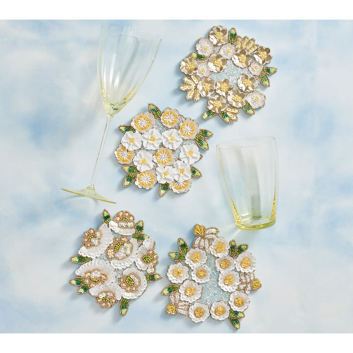 Kim Seybert Gardenia Drink Coasters in Sky - White & Yellow - Set of 4 in a Gift Bag