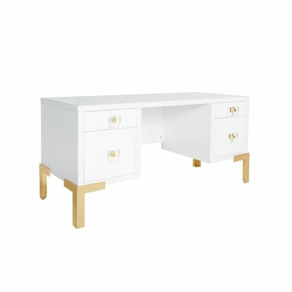 Worlds Away Worlds Away Cosby Four Drawer Desk with Brass Base - Matte White Lacquer COSBY WH