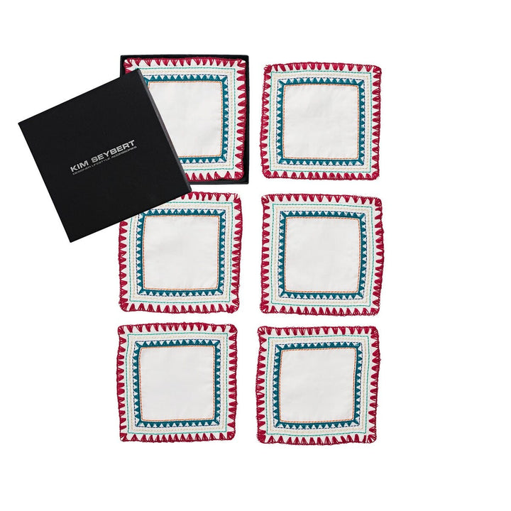 Kim Seybert Frolic Cocktail Napkins in White & Multi - Set of 6 in a Gift Box