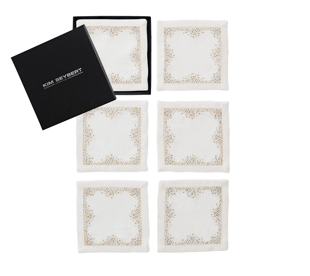Kim Seybert Pin Dot Cocktail Napkins - White, Gold & Silver - Set of 6 in a Gift Box