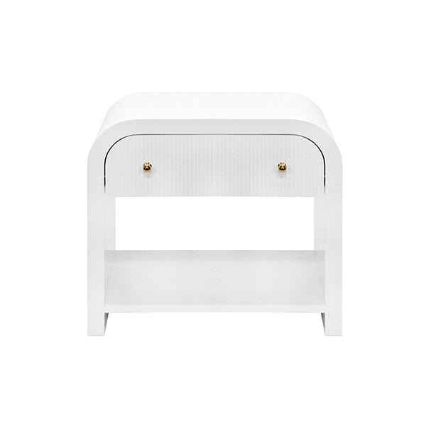 Worlds Away Worlds Away Esther Waterfall Edge Side Table with Fluted Drawer Front - Glossy White Lacquer ESTHER WH