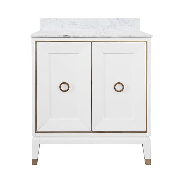 Worlds Away Worlds Away Larson Bath Vanity with Antique Brass Detail, White Marble Top & Porcelain Sink - Matte White Lacquer LARSON WH