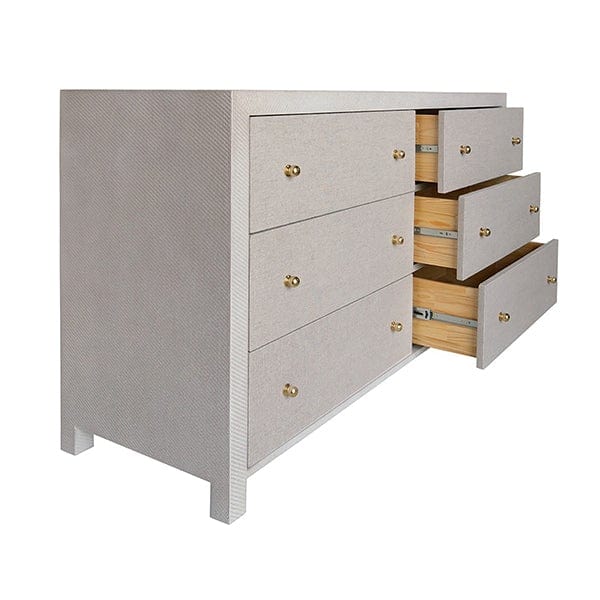 Worlds Away Worlds Away Lowery Six Drawer Chest with Grey Linen Drawers & Brass Hardware - Grey Grasscloth LOWERY GRY