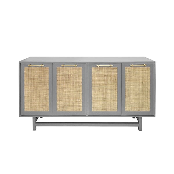 Worlds Away Worlds Away Macon Four Door Cabinet with Cane Door Fronts & Brass Hardware - Matte Grey Lacquer & Natural Caning MACON GRY