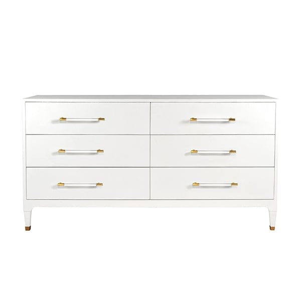 Worlds Away Worlds Away Maren Six Drawer Chest with Antique Brass & Acrylic Hardware - Lacquered White Linen MAREN WHL