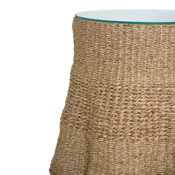 Worlds Away Worlds Away Misha Scalloped Base Seagrass Side Table with Glass Top - Natural Seagrass (Available in 2 Sizes)