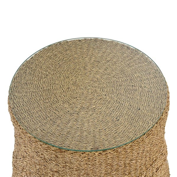 Worlds Away Worlds Away Misha Scalloped Base Seagrass Side Table with Glass Top - Natural Seagrass (Available in 2 Sizes)
