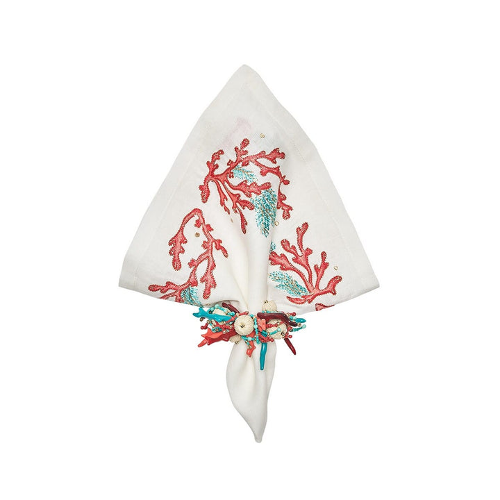 Kim Seybert Coral Spray Napkin in White - Coral & Turquoise - Set of 4