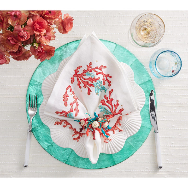 Kim Seybert Coral Spray Napkin in White - Coral & Turquoise - Set of 4