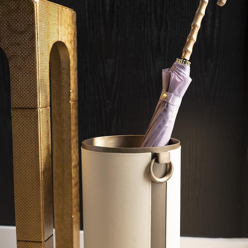 Dhruv Umbrella Stand - Ivory Leather with Antique Brass Accents - Ivory