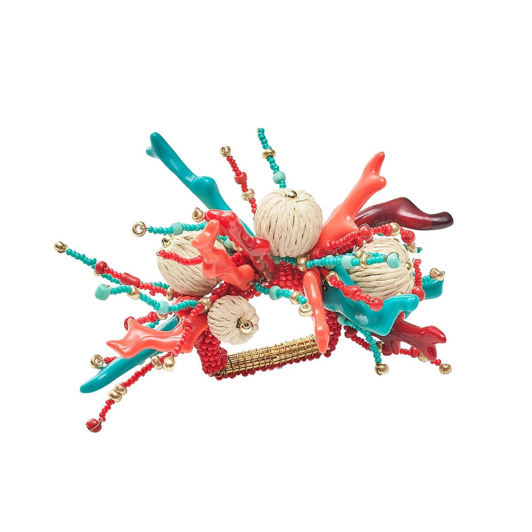 Kim Seybert Coral Spray Napkin Ring in Natural - Coral & Turquoise - Set of 4