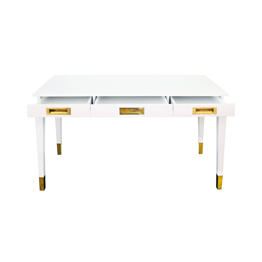 Worlds Away Worlds Away Plato Three Drawer Desk with Brass Details - Matte White Lacquer PLATO WH